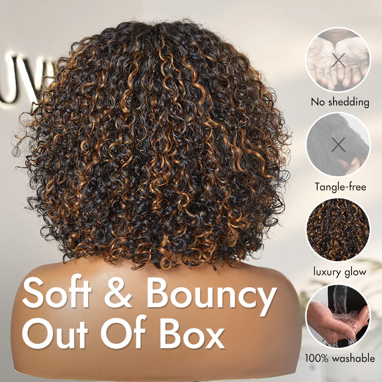 1 SEC INSTALL WIG | Brown Highlight Water Wave Natural Scalp Glueless Minimalist Lace Short Curly Wig with Bangs - Image 7