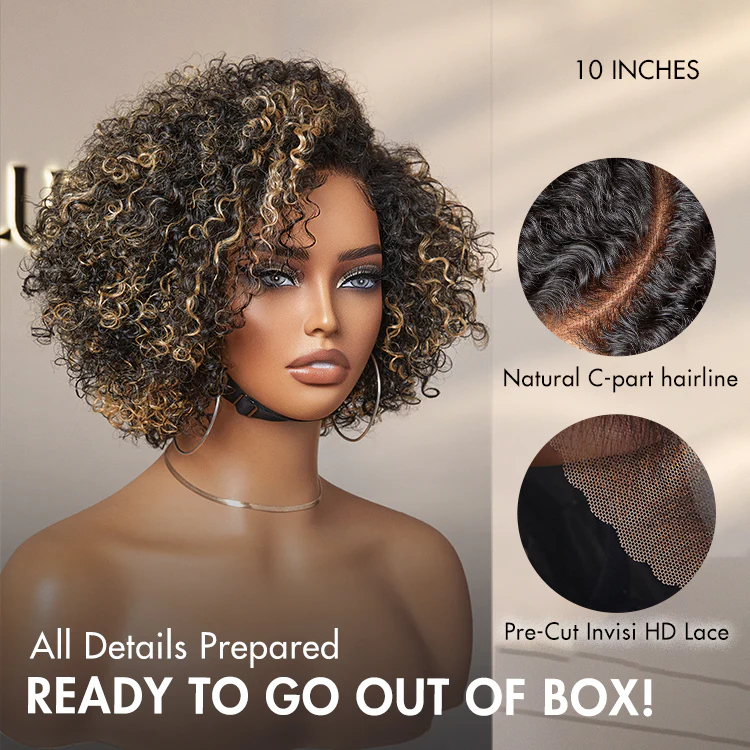 1 SEC INSTALL WIG | Honey Blonde Highlight / Natural Black Kinky Curly Glueless Minimalist HD Lace Classic Short Wig Pre-Cut Lace - Image 4