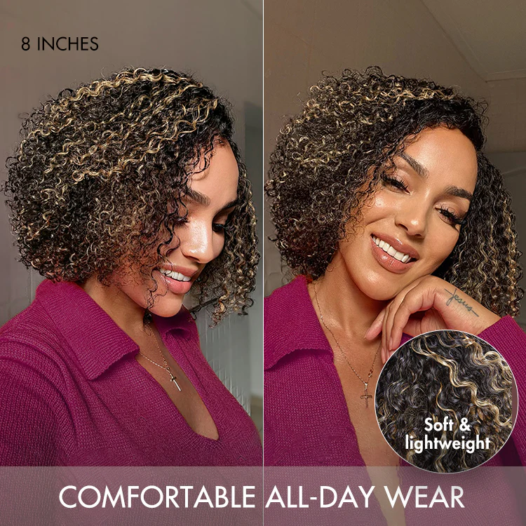 1 SEC INSTALL WIG | Honey Blonde Highlight / Natural Black Kinky Curly Glueless Minimalist HD Lace Classic Short Wig Pre-Cut Lace - Image 5