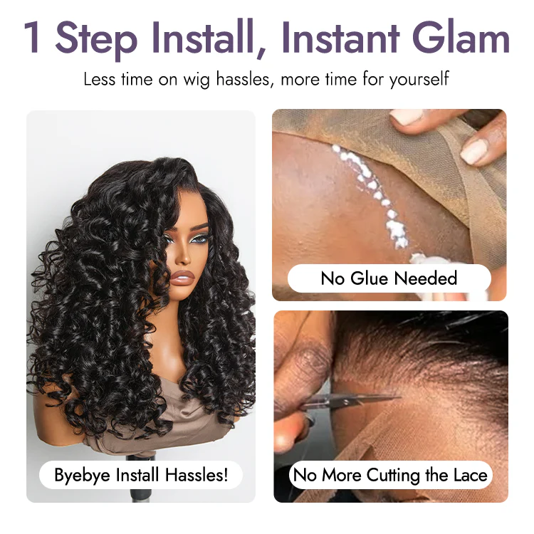 180% Density Bouncy Curls Glueless 5x5 Closure Pre-Cut Lace Layered Curly Wig Breathable Cap - Image 5