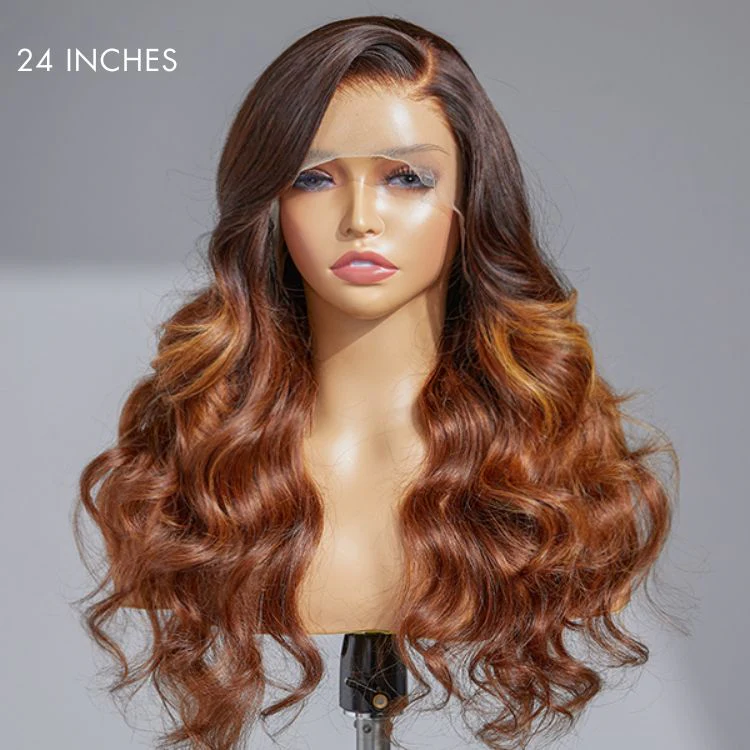 Amanda Honey Brown Highlight Glueless 13x4 Frontal Lace Side Part Long Wig | Large & Small Cap Size - Image 6