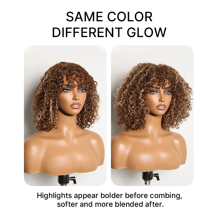 Beginner Friendly Ash Blonde Highlights Water Wave True Scalp Minimalist Lace Glueless Curly Wig with Bangs - Image 12