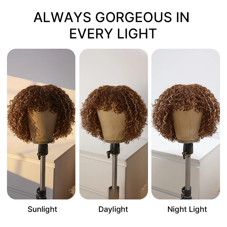 Beginner Friendly Ash Blonde Highlights Water Wave True Scalp Minimalist Lace Glueless Curly Wig with Bangs - Image 13