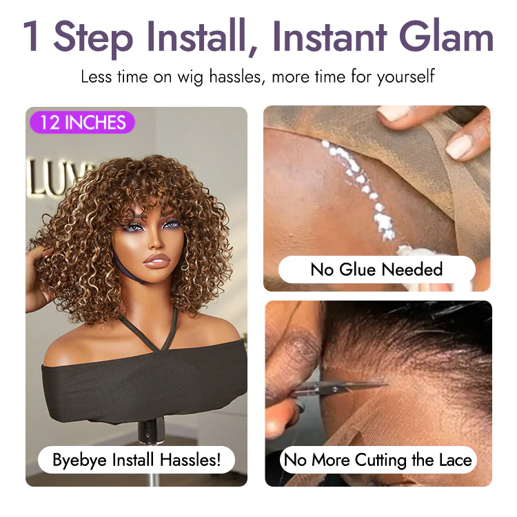 Beginner Friendly Ash Blonde Highlights Water Wave True Scalp Minimalist Lace Glueless Curly Wig with Bangs - Image 3