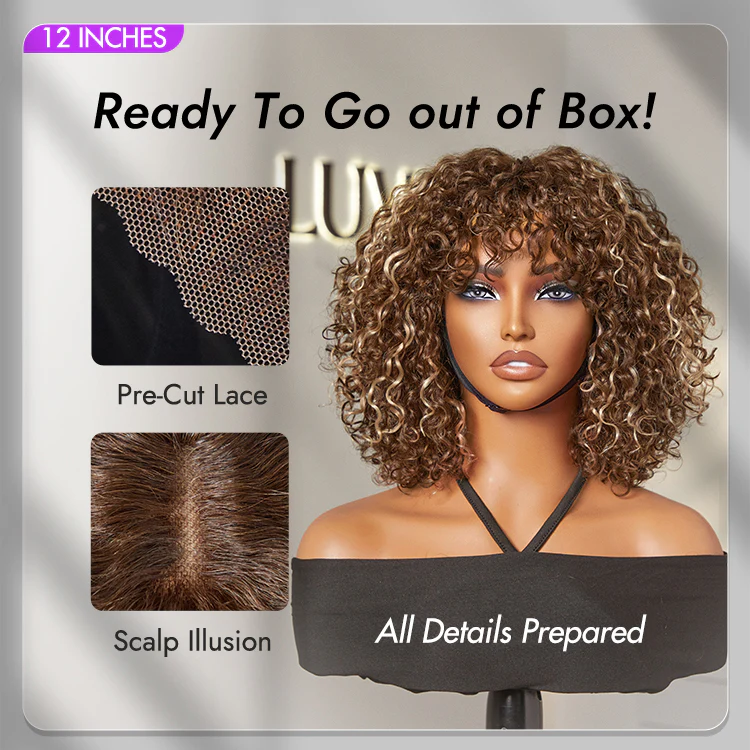Beginner Friendly Ash Blonde Highlights Water Wave True Scalp Minimalist Lace Glueless Curly Wig with Bangs - Image 4