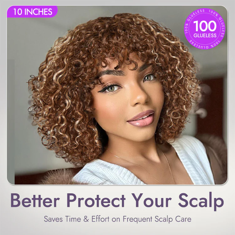 Beginner Friendly Ash Blonde Highlights Water Wave True Scalp Minimalist Lace Glueless Curly Wig with Bangs - Image 5