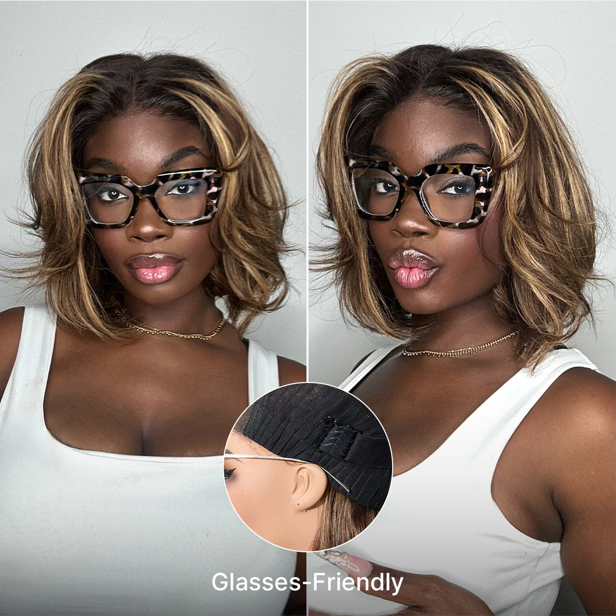 Blonde Highlight / Brown Highlight Short Layered Bob Wig Glueless 5x5 Closure Pre-Cut Lace Wig - Image 3