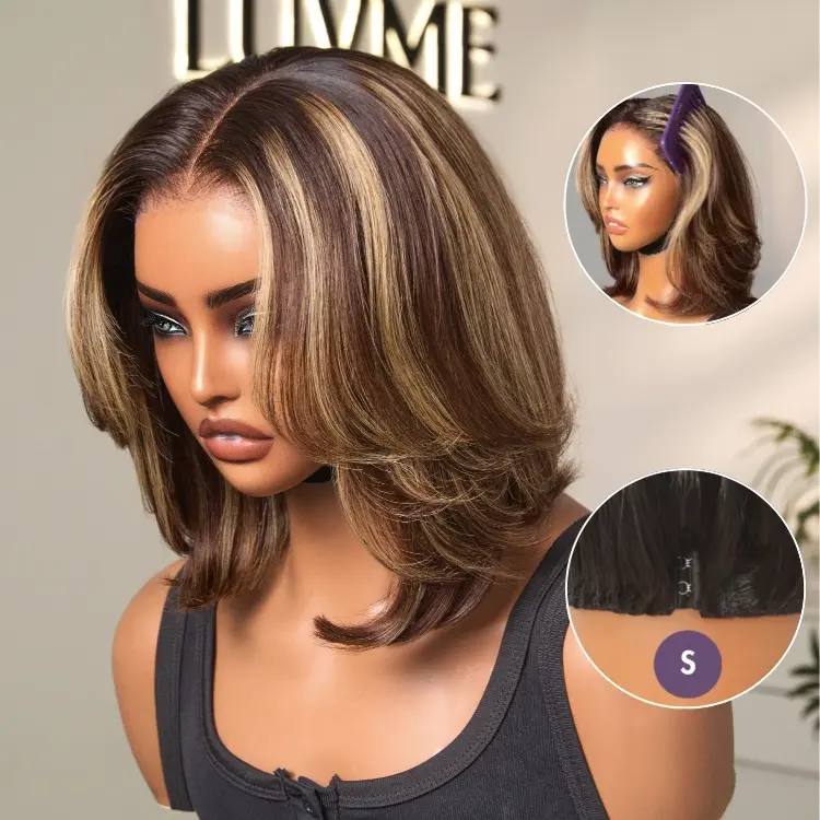 Blonde Highlight / Brown Highlight Short Layered Bob Wig Glueless 5x5 Closure Pre-Cut Lace Wig - Image 5