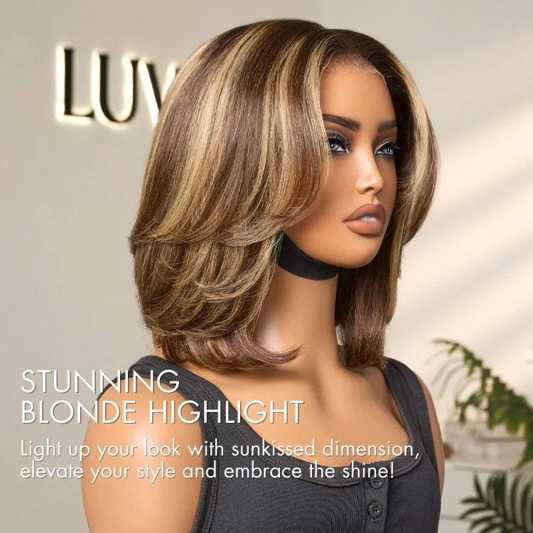 Blonde Highlight / Brown Highlight Short Layered Bob Wig Glueless 5x5 Closure Pre-Cut Lace Wig - Image 7