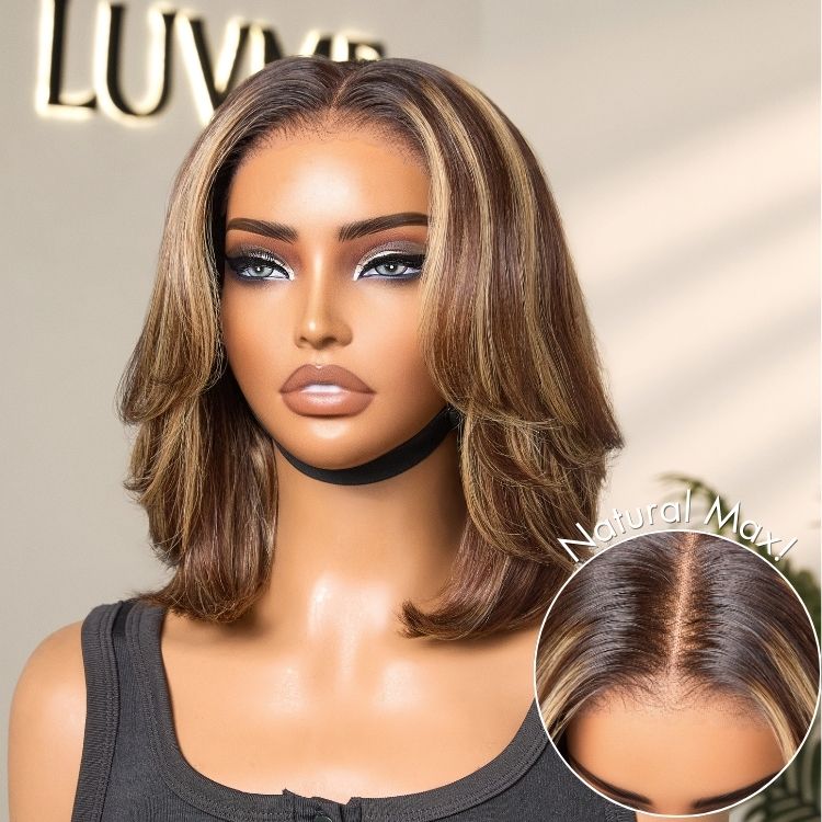 Blonde Highlight / Brown Highlight Short Layered Bob Wig Glueless 5x5 Closure Pre-Cut Lace Wig - Image 8