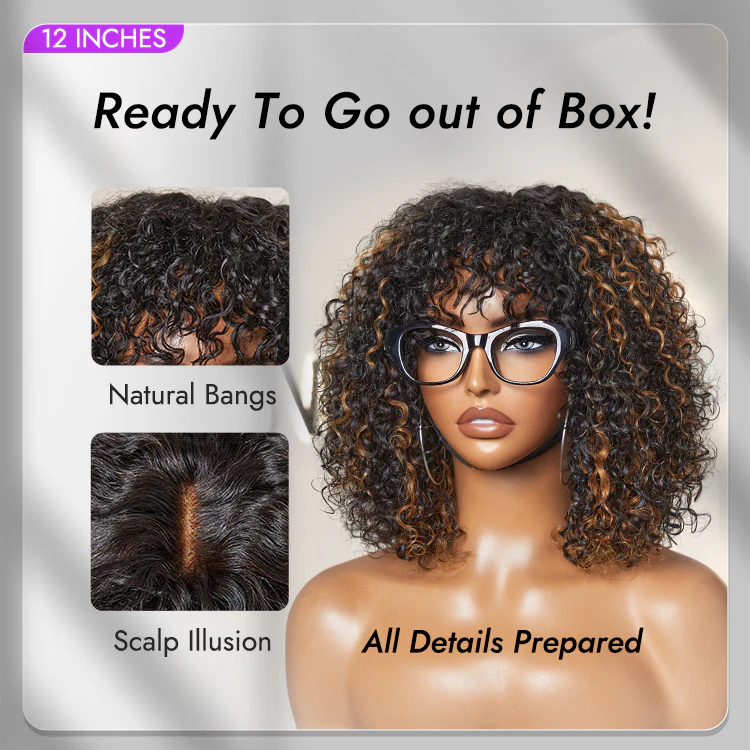 Weekly Special | 1 SEC INSTALL WIG | Brown Highlight Water Wave Natural Scalp Glueless Minimalist Lace Short Curly Wig with Bangs - Image 4