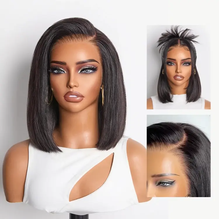Exclusive Sale | PreMax Super Natural Hairline Silky Blunt Cut Bob Glueless 13x4 Frontal Lace Human Hair Short Wig Pre-Cut Lace - Image 5