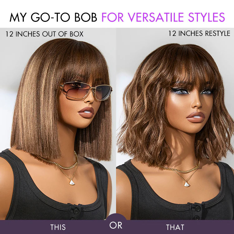 Exclusive Sale | Put On and Go Realistic Glueless Yaki Straight Bob with Bangs Minimalist Lace Wig 100% Human Hair - Image 10