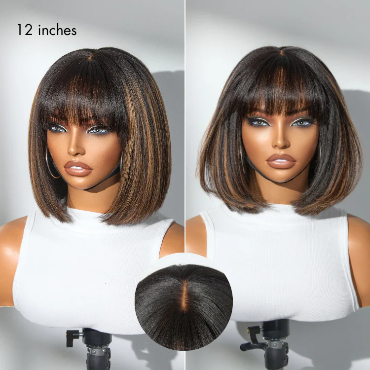 Exclusive Sale | Put On and Go Realistic Glueless Yaki Straight Bob with Bangs Minimalist Lace Wig 100% Human Hair - Image 3