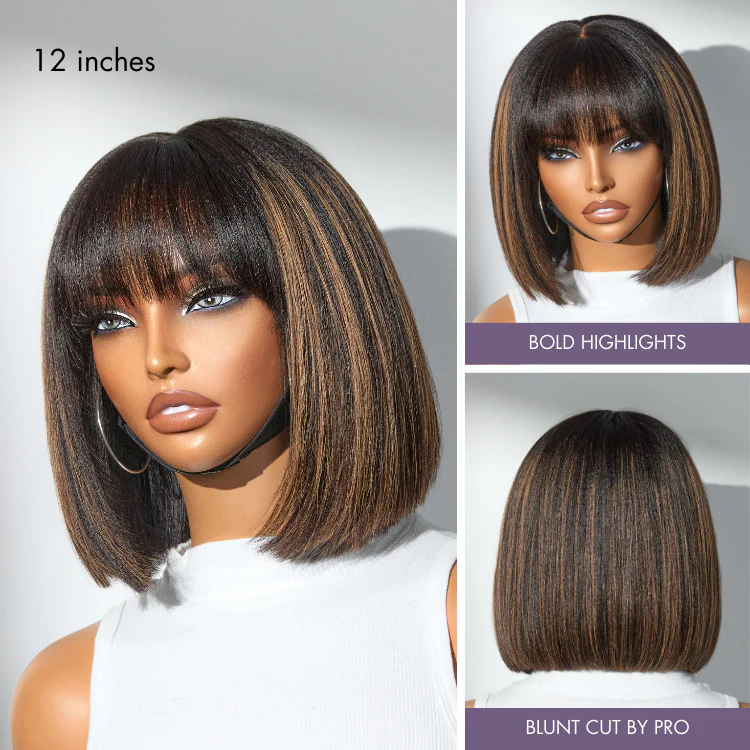Exclusive Sale | Put On and Go Realistic Glueless Yaki Straight Bob with Bangs Minimalist Lace Wig 100% Human Hair - Image 4
