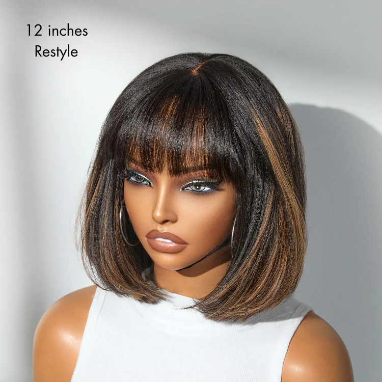 Exclusive Sale | Put On and Go Realistic Glueless Yaki Straight Bob with Bangs Minimalist Lace Wig 100% Human Hair - Image 5