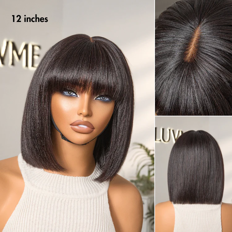 Exclusive Sale | Put On and Go Realistic Glueless Yaki Straight Bob with Bangs Minimalist Lace Wig 100% Human Hair - Image 7