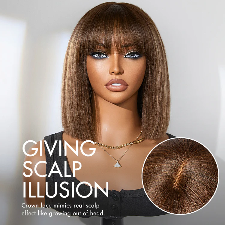 Exclusive Sale | Put On and Go Realistic Glueless Yaki Straight Bob with Bangs Minimalist Lace Wig 100% Human Hair - Image 8