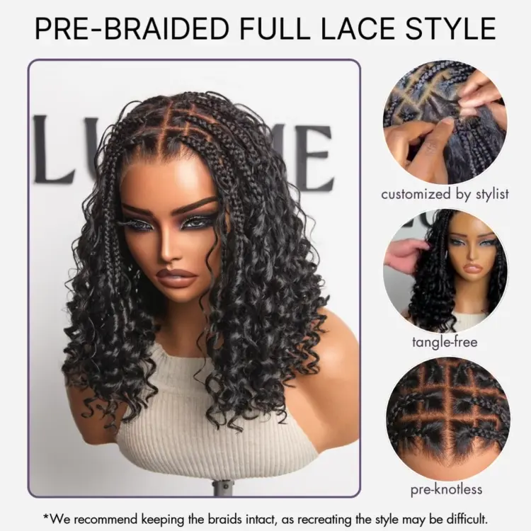 Readitress™ HD Full Lace Knotless Boho Curls Braided Bob Pre-Cut Lace Wig Flexi Fit Invisi Drawstring Cap - Image 3