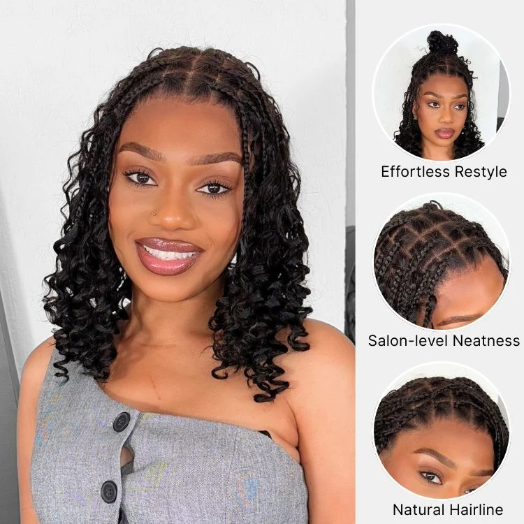 Readitress™ HD Full Lace Knotless Boho Curls Braided Bob Pre-Cut Lace Wig Flexi Fit Invisi Drawstring Cap - Image 5