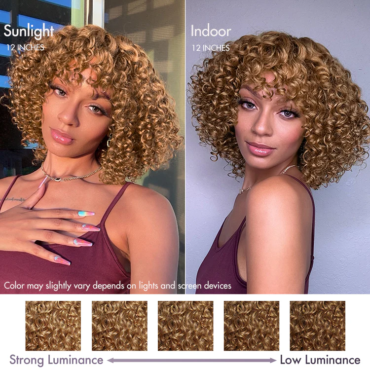 Lightweight Sun-kissed Vibe Blonde Short Cut Water Wave Glueless Minimalist Lace Curly Wig with Bangs - Image 4