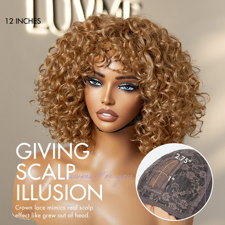Lightweight Sun-kissed Vibe Blonde Short Cut Water Wave Glueless Minimalist Lace Curly Wig with Bangs - Image 5