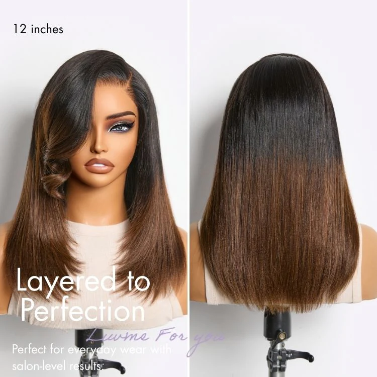 Luvme All-Day Comfort™ Wig 180% Density Ombre Brown Butterfly Cut Layered Light Yaki Straight Glueless 7x6 Closure HD Lace Short Wig Pre-Cut Lace - Image 3