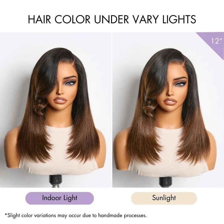 Luvme All-Day Comfort™ Wig 180% Density Ombre Brown Butterfly Cut Layered Light Yaki Straight Glueless 7x6 Closure HD Lace Short Wig Pre-Cut Lace - Image 4