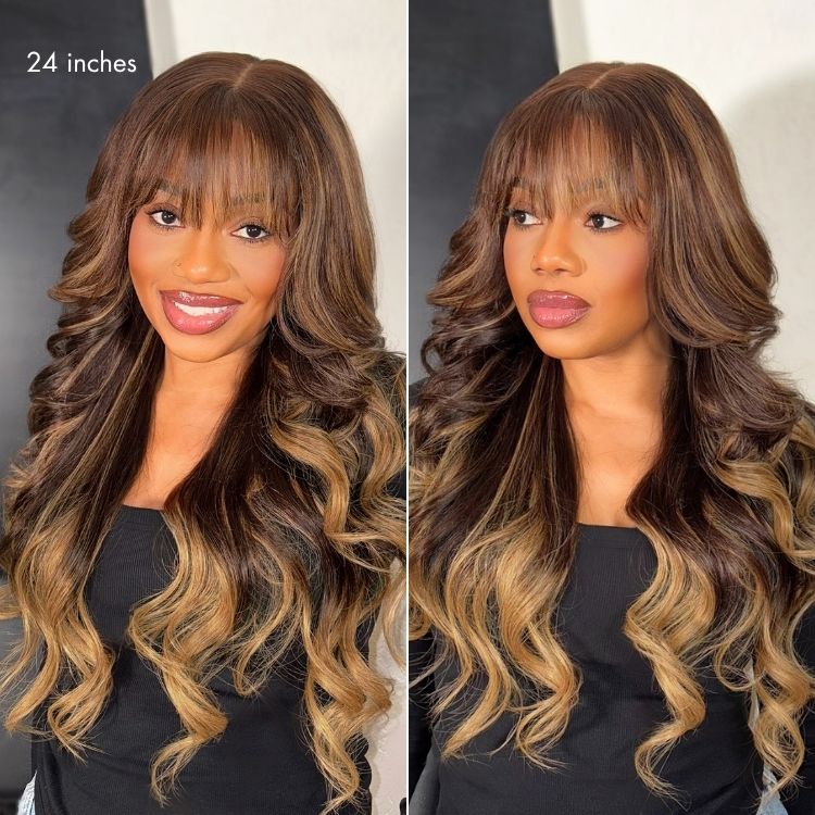 Luvme All-Day Comfort™ Wig 180% Density Ombre Blonde Highlight Loose Body Wave Glueless 7x6 Closure HD Lace Human Hair Wig with Bangs Pre-Cut Lace - Image 3
