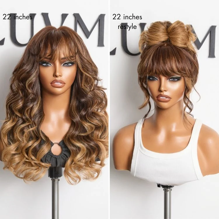 Luvme All-Day Comfort™ Wig 180% Density Ombre Blonde Highlight Loose Body Wave Glueless 7x6 Closure HD Lace Human Hair Wig with Bangs Pre-Cut Lace - Image 4