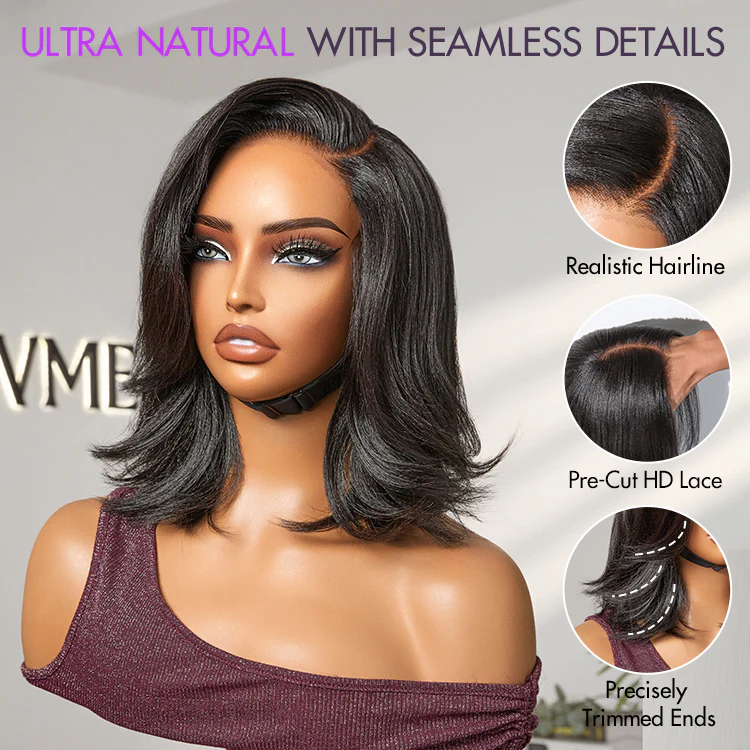 Natural Look Yaki Texture Layered Bangs Bob Wig Glueless Minimalist HD Lace Human Hair Wig Pre-Cut Lace - Image 3