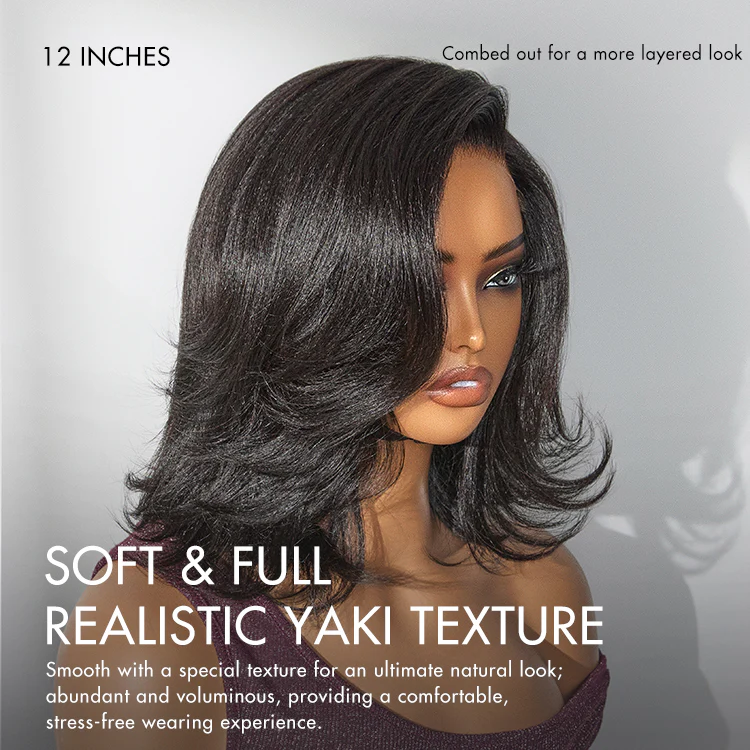 Natural Look Yaki Texture Layered Bangs Bob Wig Glueless Minimalist HD Lace Human Hair Wig Pre-Cut Lace - Image 4