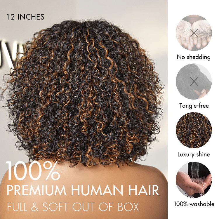 Beginner Friendly Water Wave Minimalist Lace Glueless Short Curly Wig with Bangs - Image 11