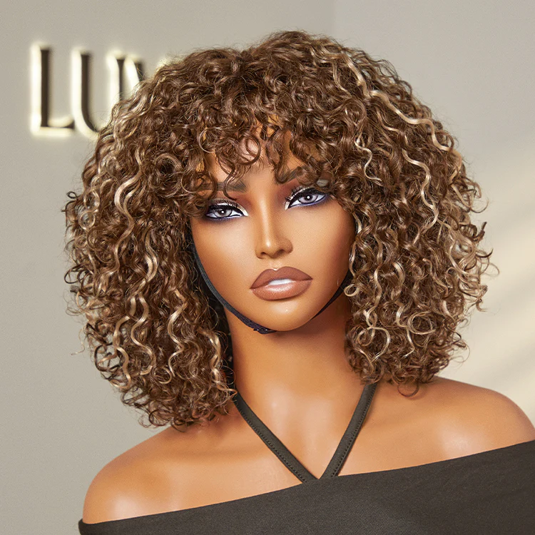 Beginner Friendly Water Wave Minimalist Lace Glueless Short Curly Wig with Bangs - Image 14