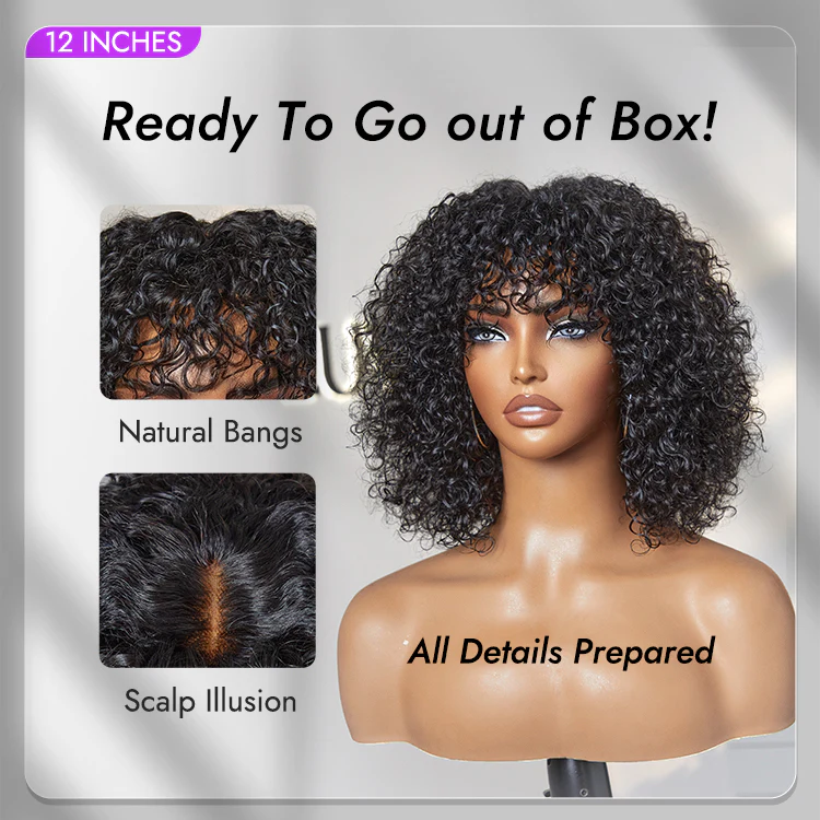 Beginner Friendly Water Wave Minimalist Lace Glueless Short Curly Wig with Bangs - Image 7
