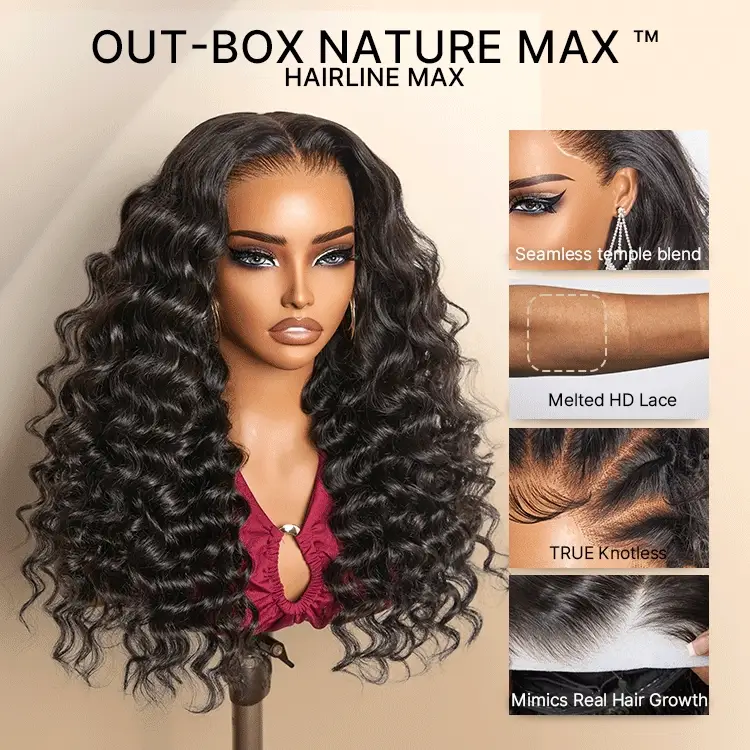 NatureMAX 200% Density Deep Wave Glueless 13x6 HD Lace Front Wig Human Hair Pre-Cut Lace Flexi-Fit Drawstring Cap - Image 3