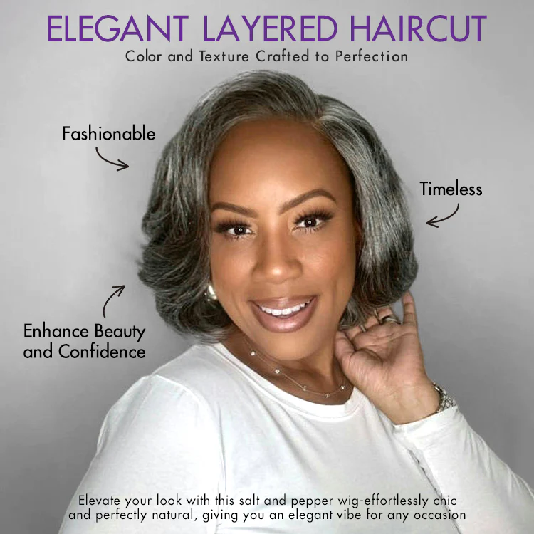 New Customers Only | Boss Vibe Salt & Pepper Layered Bob / Body Wave Glueless Pre-Cut Minimalist Lace Grey Wig - Image 3