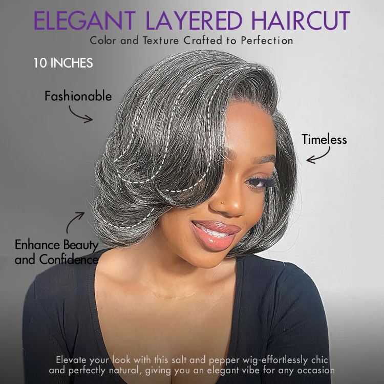 New Customers Only | Boss Vibe Salt & Pepper Layered Bob / Body Wave Glueless Pre-Cut Minimalist Lace Grey Wig - Image 4