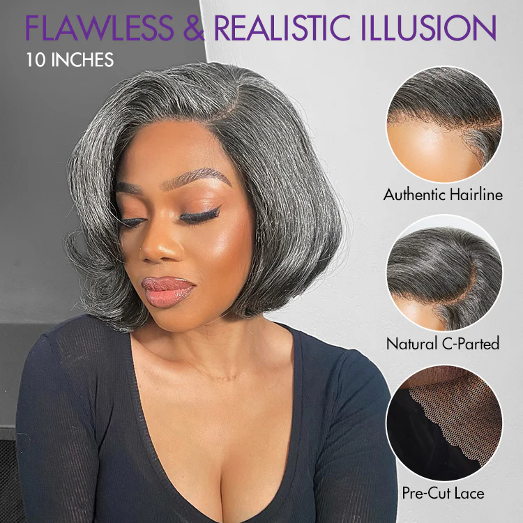 New Customers Only | Boss Vibe Salt & Pepper Layered Bob / Body Wave Glueless Pre-Cut Minimalist Lace Grey Wig - Image 5