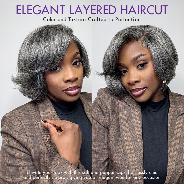 New Customers Only | Boss Vibe Salt & Pepper Layered Bob / Body Wave Glueless Pre-Cut Minimalist Lace Grey Wig - Image 8