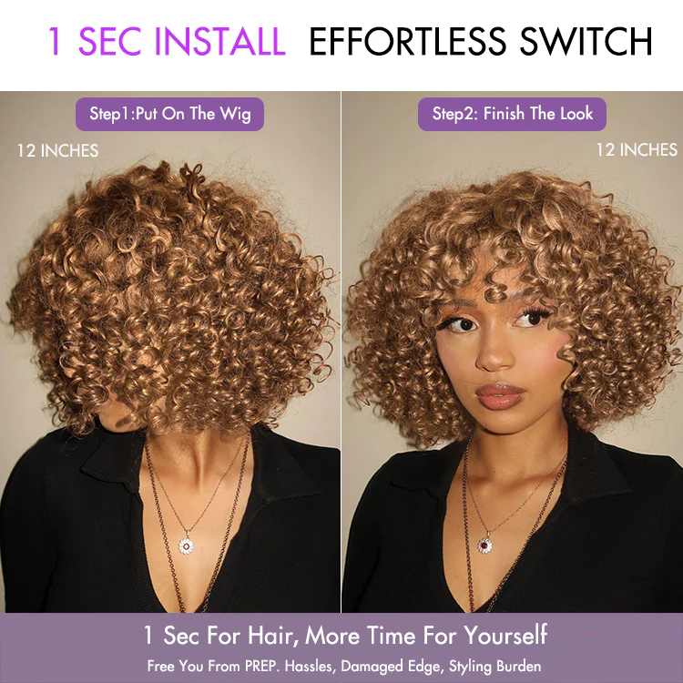 New Customers Only | Lightweight Sun-kissed Vibe Blonde Short Cut Water Wave Glueless Minimalist Lace Curly Wig with Bangs - Image 4
