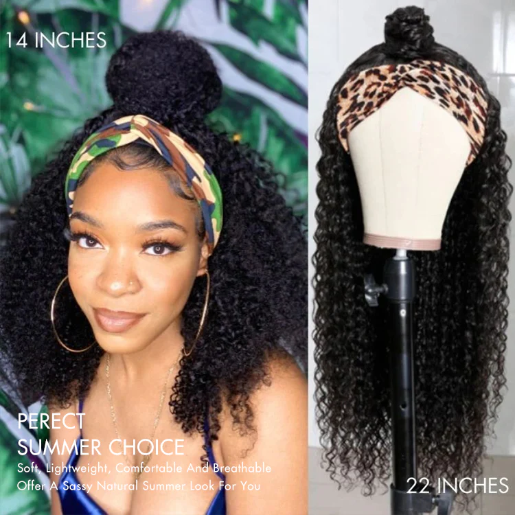New Customers Only | Natural Black Jerry Curly No Lace Glueless Free Part Long Headband Wig 100% Human Hair (Get Free Trendy Headbands) - Image 3