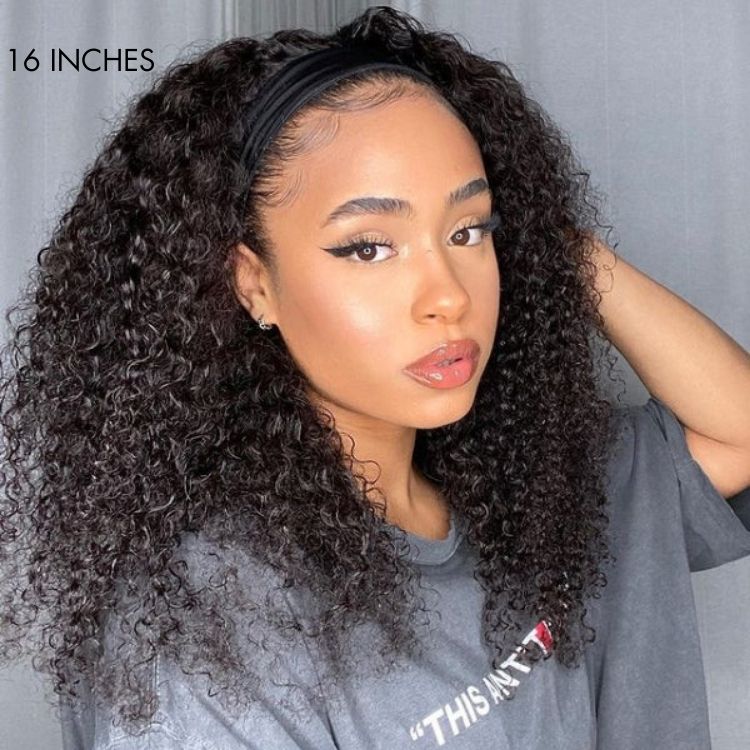 New Customers Only | Natural Black Jerry Curly No Lace Glueless Free Part Long Headband Wig 100% Human Hair (Get Free Trendy Headbands) - Image 6