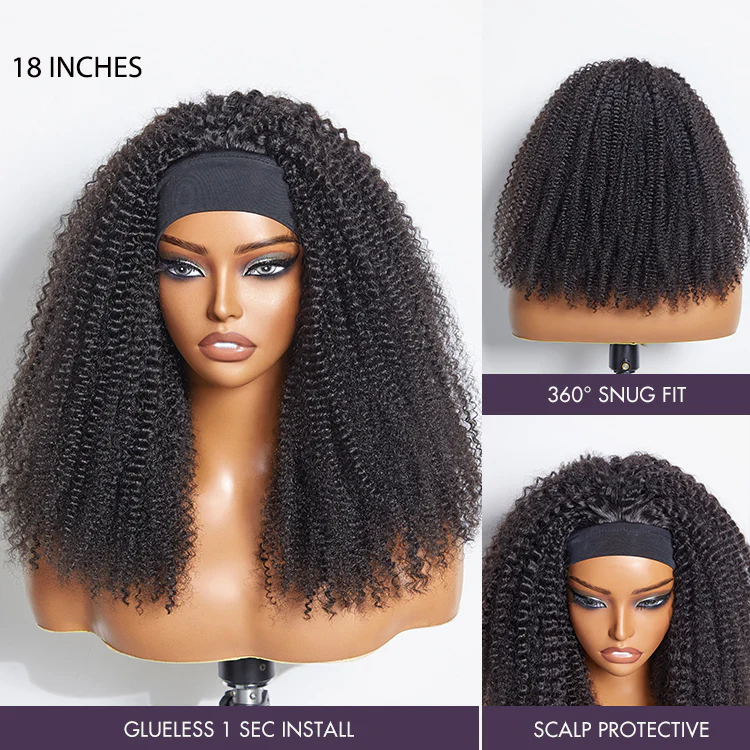 New Customers Only | Natural Black Jerry Curly No Lace Glueless Free Part Long Headband Wig 100% Human Hair (Get Free Trendy Headbands) - Image 7