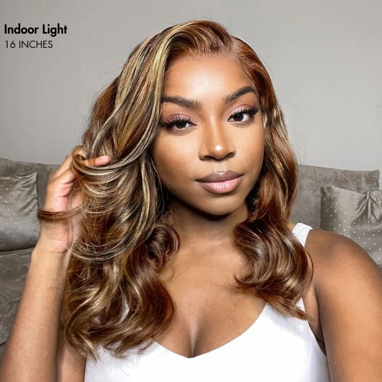 New Customers Only | PreMax Wigs - Honey Blonde Highlight / Natural Black / Ombre Blonde Bouncy Body Wave Glueless 13x4 Frontal Lace Human Hair Wig - Image 8
