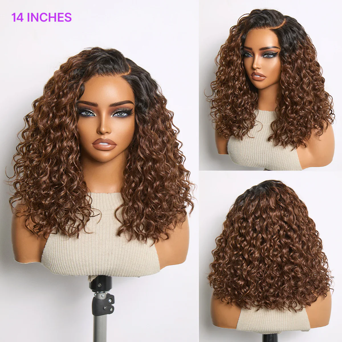 New Customers Only | Ready to Go Blonde Highlight / Natural Black  / Ombre Brown Water Wave Short Curly Bob Wig Glueless Minimalist HD Lace Wig Pre-Cut Lace - Image 12