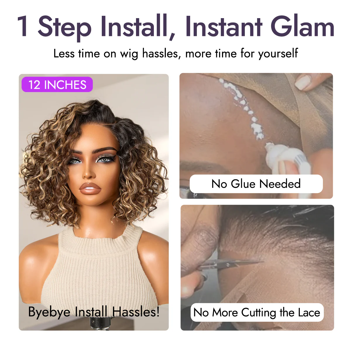 New Customers Only | Ready to Go Blonde Highlight / Natural Black  / Ombre Brown Water Wave Short Curly Bob Wig Glueless Minimalist HD Lace Wig Pre-Cut Lace - Image 14