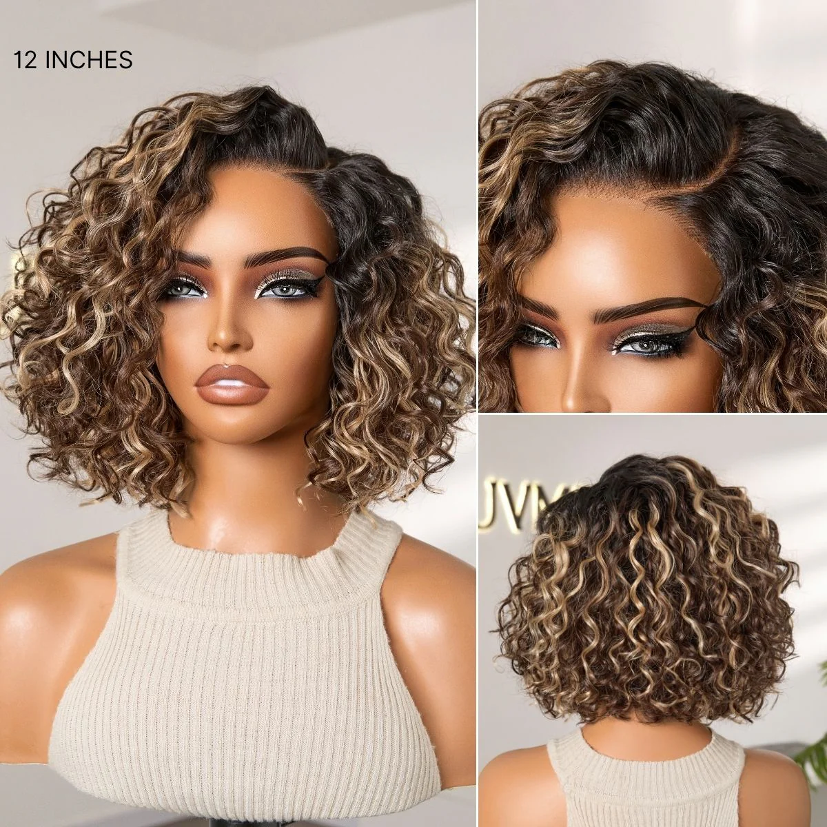 New Customers Only | Ready to Go Blonde Highlight / Natural Black  / Ombre Brown Water Wave Short Curly Bob Wig Glueless Minimalist HD Lace Wig Pre-Cut Lace - Image 15