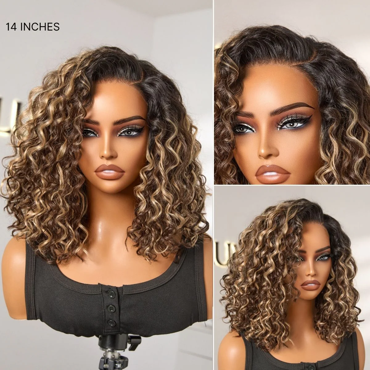 New Customers Only | Ready to Go Blonde Highlight / Natural Black  / Ombre Brown Water Wave Short Curly Bob Wig Glueless Minimalist HD Lace Wig Pre-Cut Lace - Image 16