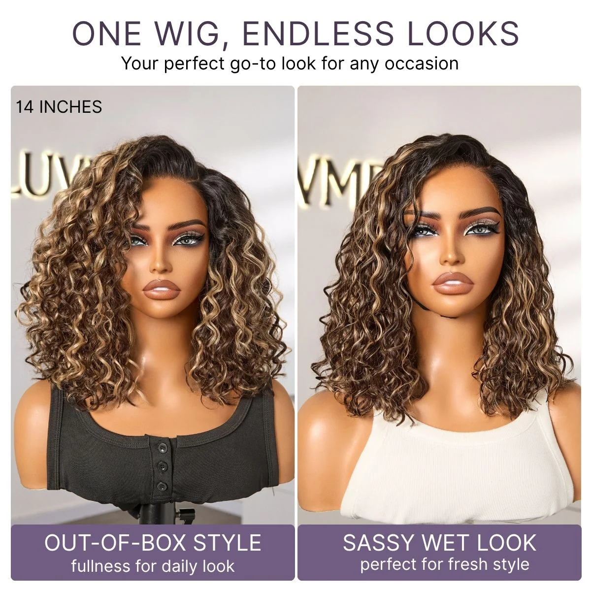 New Customers Only | Ready to Go Blonde Highlight / Natural Black  / Ombre Brown Water Wave Short Curly Bob Wig Glueless Minimalist HD Lace Wig Pre-Cut Lace - Image 4